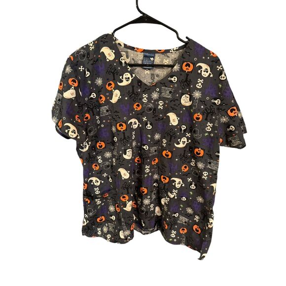 Womens XL Zoe & Chloe Halloween Ghost Pumpkin Short Sleeve Vneck Scrubs Uniform - Picture 1 of 5